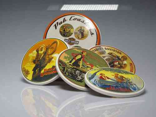 Set of 4 Coasters "Harley Davidson" in metal can (genuine and precious)