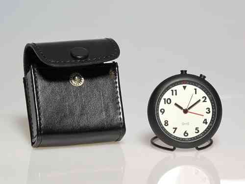 Round Quartz Alarm Clock with black carrying case