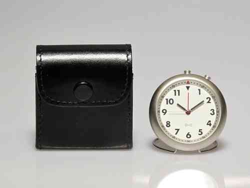 Travel Alarm Clock Quartz Silver Round. With holster