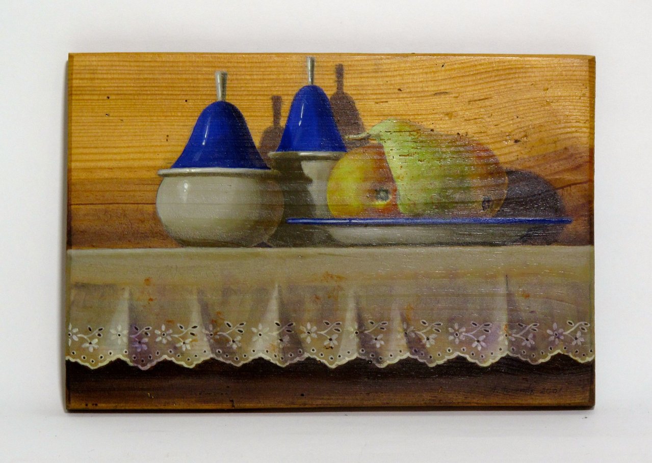 Acrylic on wood F. Torrents "Plate with Pears" 21 x 31 cm.